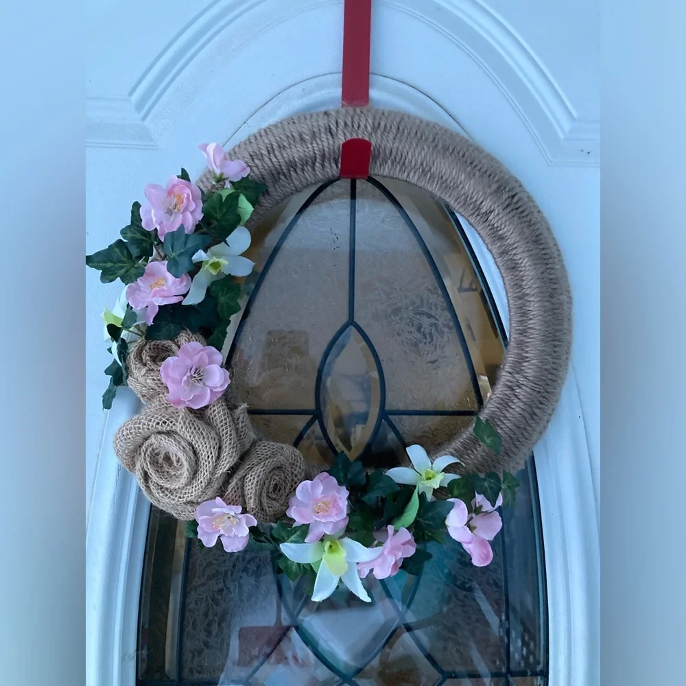 Unique handmade Spring Burlap Rose Floral Wreath, 16”, home decor, pink tan